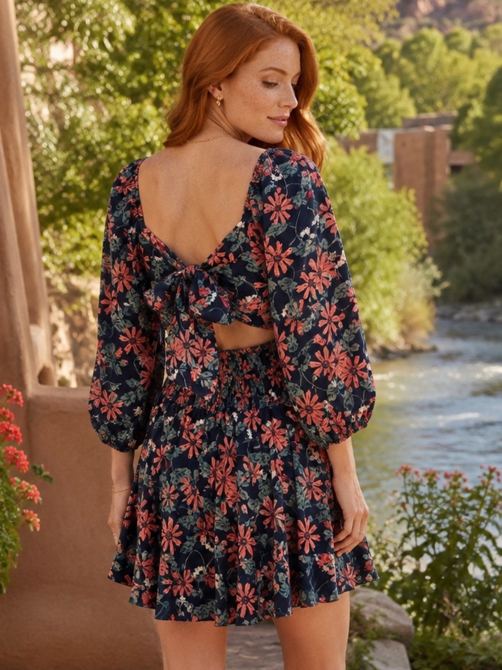 Umgee NWT Navy Floral Peekaboo Back Bow Boho Mini Dress M - Picture 5 of 12